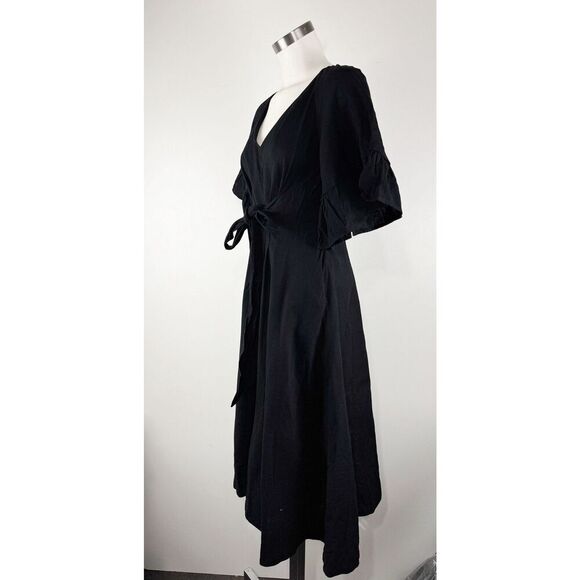 Free People XS Black Maxi Dress Bell Sleeve Tie Waist Cotton Linen Boho V-Neck - Picture 3 of 6